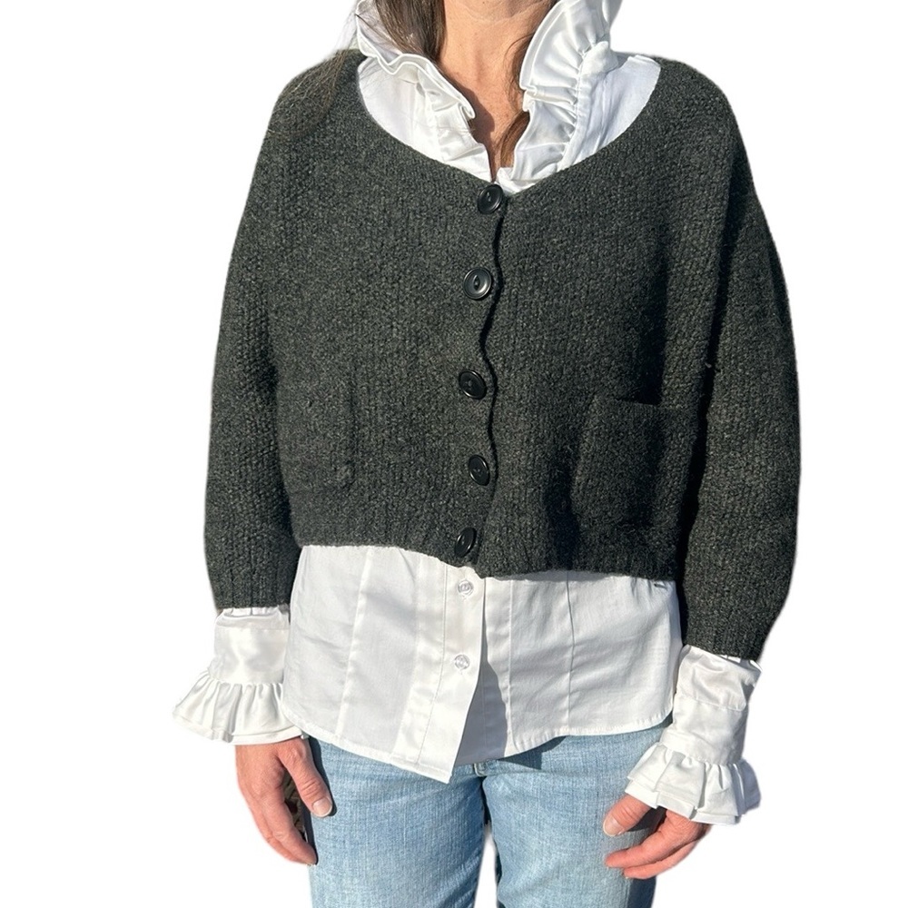 Vintage Susie Tompkins‎ | Wool Cardigan Gray Thick Knit 3/4 Sleeve Cropped M